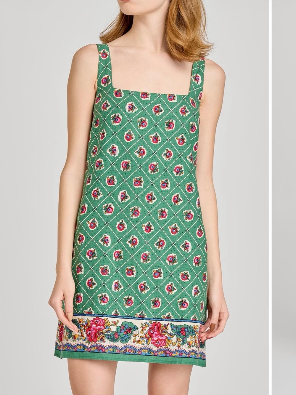 WAYF Green Floral Shift Dress with Border Print